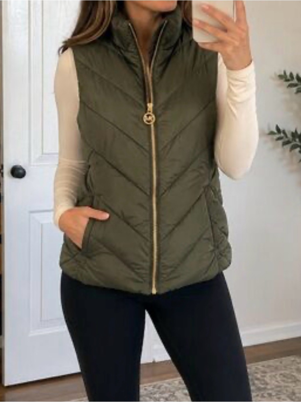 Michael Kors Olive Green Quilted Puffer Vest with Gold Zip